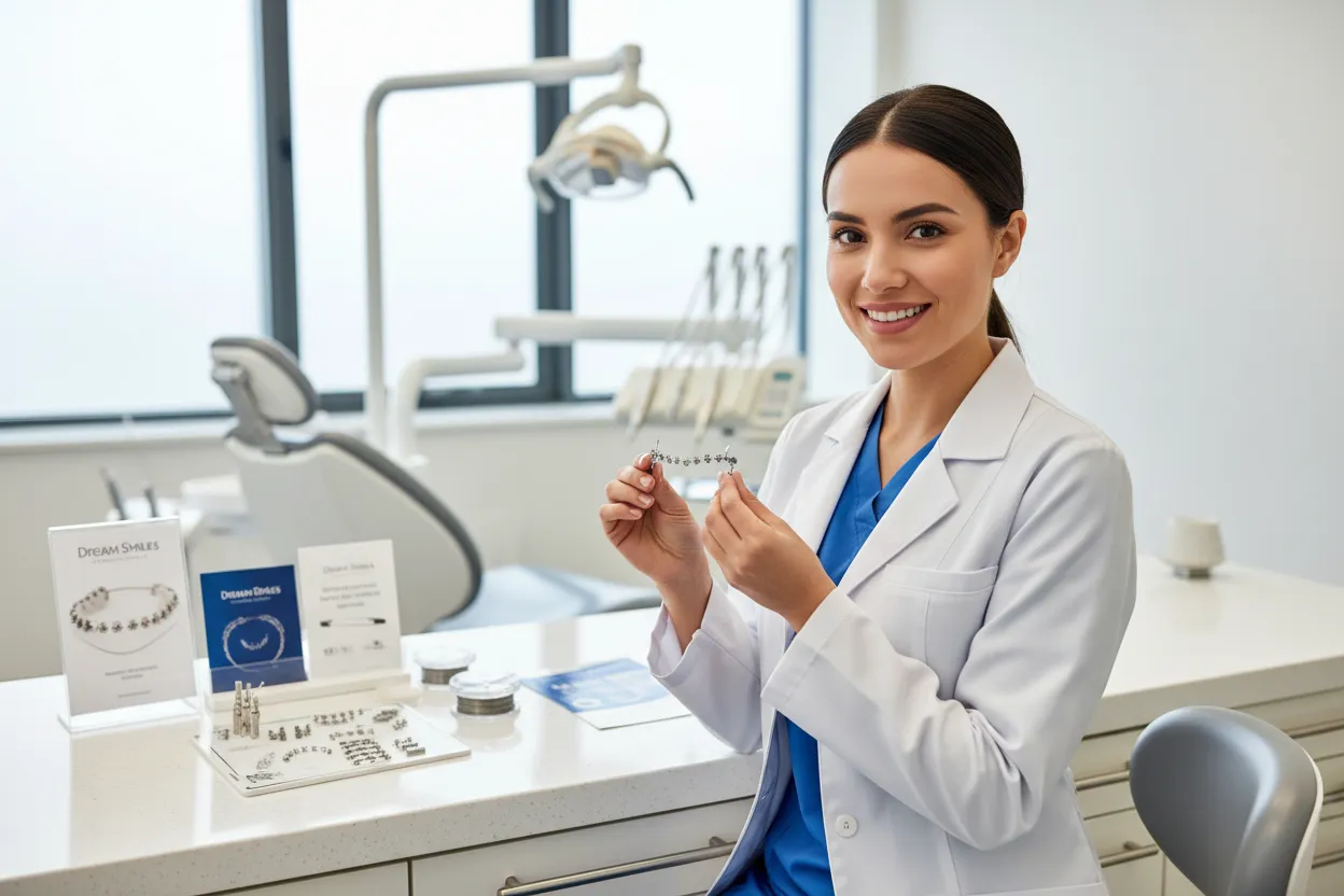 A Dream Smiles partner dentist holding a custom retainer in a bright modern clinic