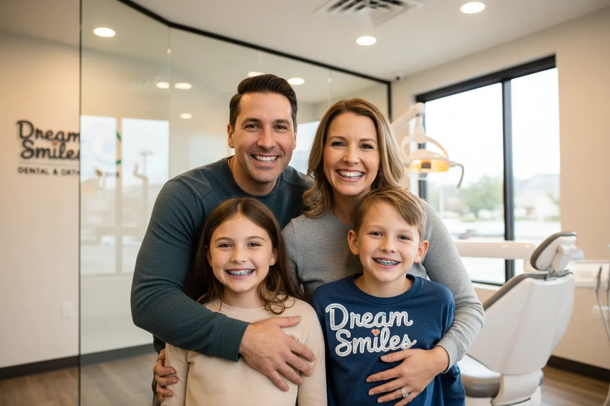 A family of four smiling together at a Dream Smiles partner clinic